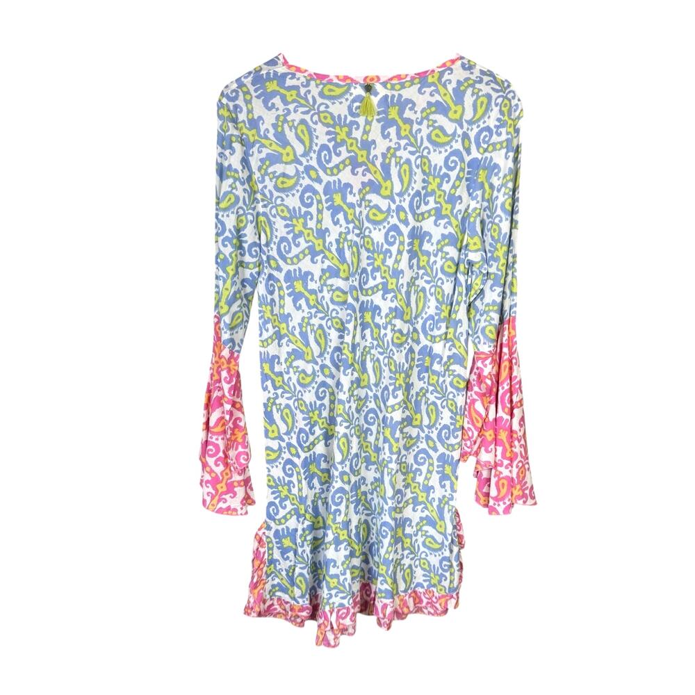 Z&L Pink Blue Ornamental Paisley Colorful Bell Sleeve Coverup Tunic Mini Dress - Picture 8 of 13